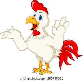 Happy cartoon rooster waving