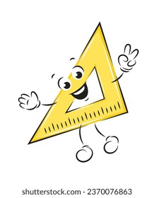 Happy cartoon ruler rejoices at good luck or victory. Back to school. Knowledge and education concept. Vector illustration stationery for children design or school.