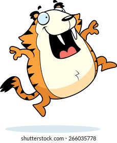 A happy cartoon saber-toothed tiger jumping and smiling.