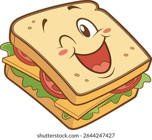 Happy cartoon sandwich with cheese and tomato.