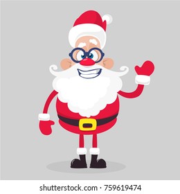 Happy cartoon Santa claus character waving hands isolated white background. Vector Christmas illustration