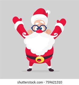 Happy cartoon Santa claus character waving hands isolated white background. Vector Christmas illustration