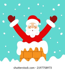 Happy cartoon Santa Claus in a chimney in snowy weather. Christmas card. Winter holidays theme. Vector illustration in flat style.