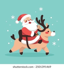 Happy cartoon Santa Claus riding on a cute deer. Christmas and New Year concept. Winter holiday. Vector isolated illustration.