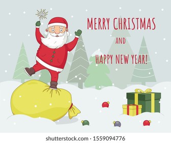 Happy cartoon Santa Claus with sparkler  jump on big gift bag on the background of fir trees and snow. Merry Christmas, New Year congratulation. 
