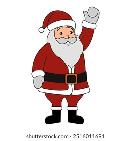 A happy cartoon Santa Claus wearing a traditional red suit and hat, joyfully waving. Perfect for festive holiday themes and Christmas decorations.