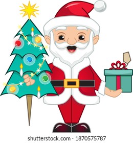 Happy cartoon Santa Clause holding a decorated Christmas Tree and a gift