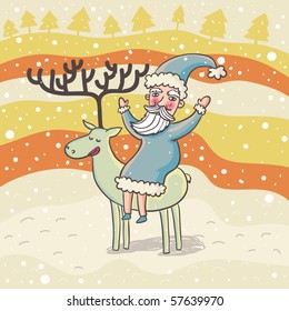 Happy cartoon Santa on his friend Deer