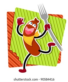 happy cartoon sausage running with a fork