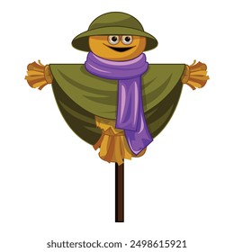 Happy cartoon scarecrow wearing a purple scarf and a hat is standing in the field