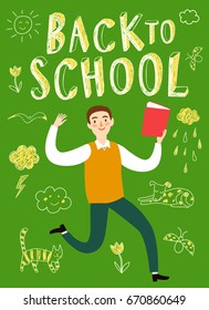 Happy cartoon schoolboy jumping with book. Back to school title. Education poster for your design.