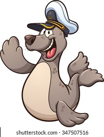 Happy cartoon seal wearing a captain hat. Vector clip art illustration with simple gradients. Seal and hat on separate layers.