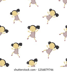 Happy cartoon seamless pattern with asian girl. Cute modern flat vector illustration on white background.