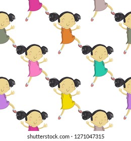 Happy cartoon seamless pattern with asian girl with colorful dresses. Cute modern flat vector illustration on white background.