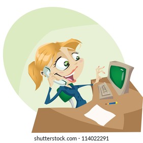 A happy cartoon secretary answers the phone with a smile. Illustrator .eps v 10. Contains transparency ellements on highlights.