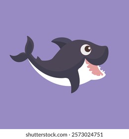 Happy cartoon shark in purple background, suitable for children designs, ocean themed projects, and educational materials for a playful touch.