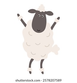 Happy Cartoon Sheep Illustration with Raised Arms in Minimalist Style for Kids' Products and Playful Designs