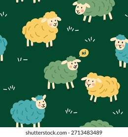 Happy Cartoon Sheep Seamless Pattern on Green Grass