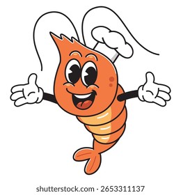 Mascote de Chef de camarão de desenhos animados feliz com braços abertos - Ilustração vetorial


