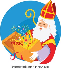 Happy cartoon Sinterklaas holding a magical box of surprises