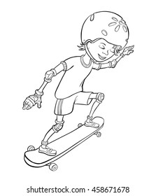 Happy cartoon skateboard boy. Black and white vector illustration.
