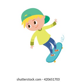 Happy Cartoon Skateboard Boy. Kids sport. Children's outdoor activity. Cartoon vector hand drawn eps 10 illustration isolated on white background.