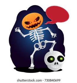 Happy cartoon skeleton with pumpkin instead of his head and speach bubble. Vector illustration to Happy Halloween isolated on white background
