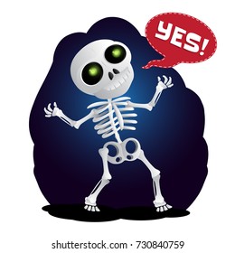 Happy cartoon skeleton raises his hands in the air. Vector illustration to Happy Halloween isolated on white background