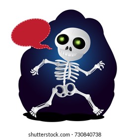 Happy cartoon skeleton runs with speach bubble. Vector illustration to Happy Halloween isolated on white background