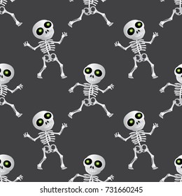 Happy cartoon skeleton seamless pattern on dark grey background. Vector illustration to Happy Halloween holiday or Day of the Dead (Dia de Muertos)
