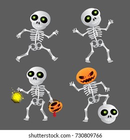 Happy cartoon skeleton set. Vector illustration to Happy Halloween on grey background