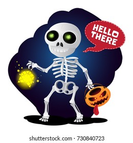 Happy cartoon skeleton walking with lantern and pumpkin head. Vector illustration to Happy Halloween isolated on white background