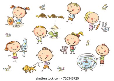 Happy cartoon sketchy kids with different pets like a puppy, a cat, a lizard, a parrot and others. No gradients used, easy to print and edit. Vector files can be scaled to any size.