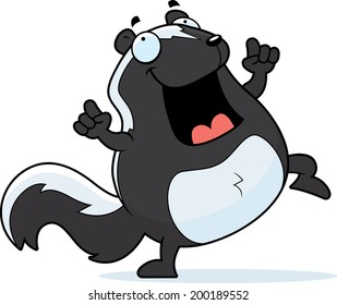 A happy cartoon skunk dancing and smiling.