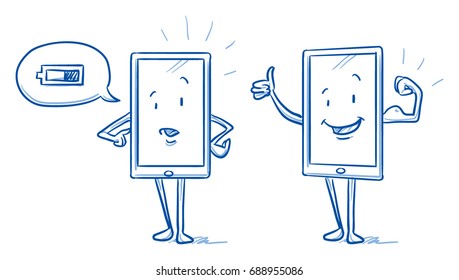 Happy cartoon smart phone mascot character showing his biceps power and looking concerned about his battery. Hand drawn line art cartoon vector illustration.