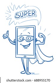 Happy cartoon smart phone mascot character dressed up as a super hero with mask and cape, showing his muscle bower and thumb up. Hand drawn line art cartoon vector illustration.