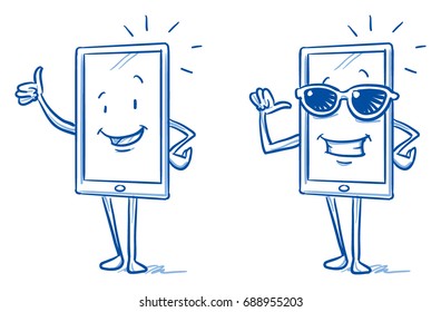 Happy cartoon smart phone mascot character showing thumb up and being the cool guy with sunglasses. Hand drawn line art cartoon vector illustration.