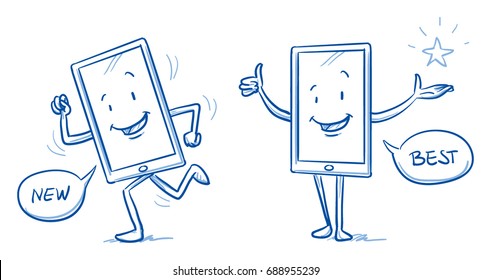 Happy Cartoon Smart Phone Mascot Character Running And Showing Thumb Up. Hand Drawn Line Art Cartoon Vector Illustration.