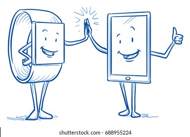 Happy cartoon smart watch and cell phone mascot characters slap high fives. Concept for synchronization. Hand drawn line art cartoon vector illustration.