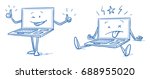 Happy cartoon smart watch mascot character showing both thumbs up and sick or having a breakdown. Hand drawn line art cartoon vector illustration.
