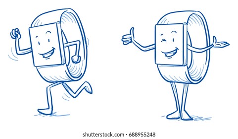 Happy cartoon smart watch mascot character running and showing thumb up. Hand drawn line art cartoon vector illustration.