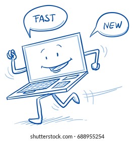 Happy cartoon smart watch mascot character running and showing thumb up. Hand drawn line art cartoon vector illustration.