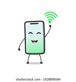 happy cartoon smartphone character with full green wifi signal vector illustration