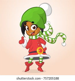 Happy Cartoon Smiling afro-american Girl Christmas Santa's Elf. Vector illustration isolated on white