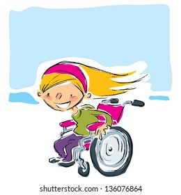 Happy cartoon smiling blonde girl in a manual magenta wheelchair moving fast