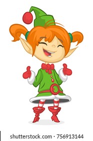 Happy Cartoon Smiling Blonde Girl Christmas Santa's Elf. Vector illustration isolated on white