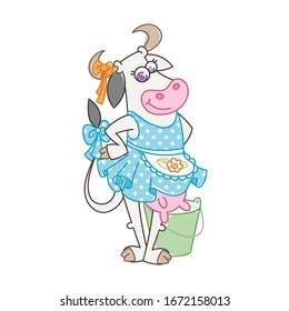 Happy cartoon smiling cow in cute dotted dress with apron and milk bucket. Vector illustration of a silly cow, icon childish mascot isolated on white.