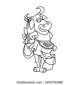 Happy cartoon smiling cow in cute dotted dress with apron and milk bucket. Vector illustration of a silly cow, icon childish mascot isolated on white.