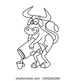 Happy cartoon smiling cow with milk can and mug. Vector illustration of a silly cow, icon childish mascot isolated on white.