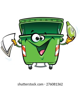 Happy cartoon smiling garbage bin character. Reuse recycling and keep clean concept isolated in white background